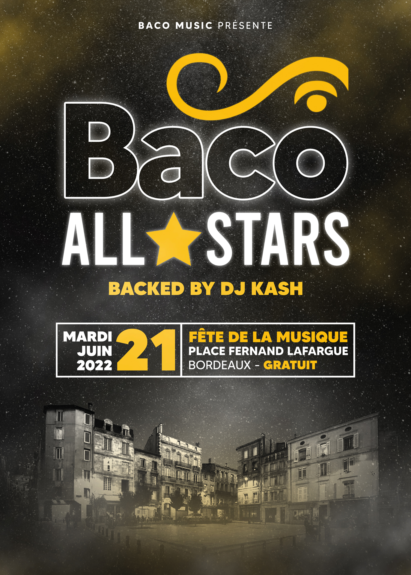 Poster et visuels réseaux sociaux pour la Fête de la musique 2022 avec le Baco All Stars. Réalisé par Loseou