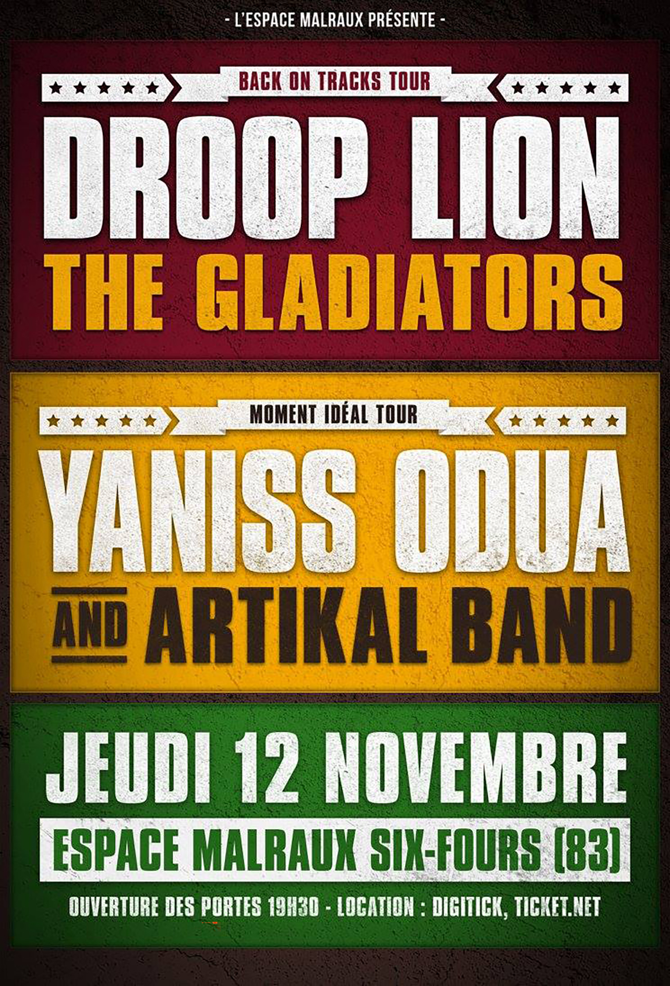 Poster et visuels réseaux sociaux pourYaniss Odua et Droop Lion The Gladiators - Espace Malraux. Réalisé par Loseou