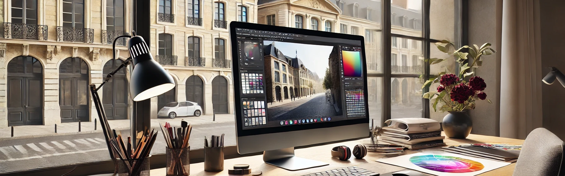 Bureau d'un graphiste face à une fenêtre qui donne sur une ure de Bordeaux.