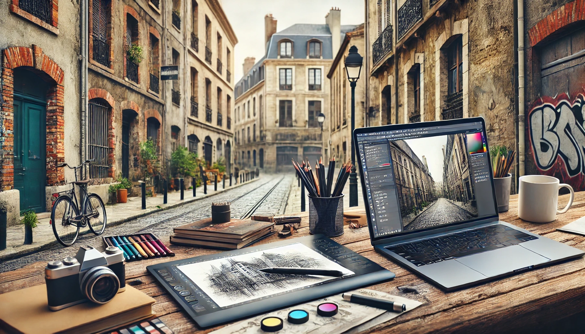 Bureau d'un graphiste face au une fenêtre qui donne sur une rue de Bordeaux.