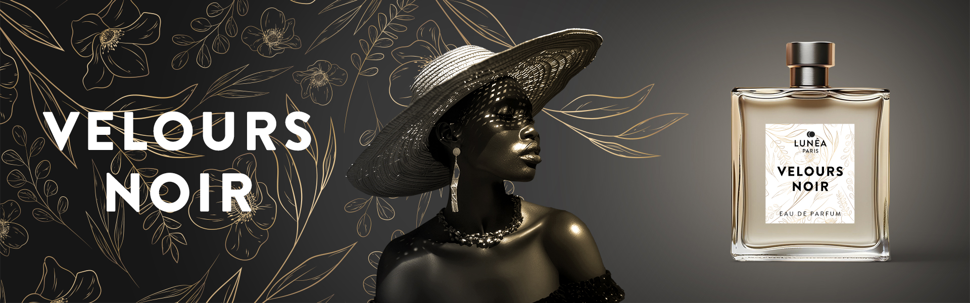 Packaging parfums : Lunéa - Velour Noir. Une femme noire avec un chapeau de profil et en packshot la bouteille de parfum