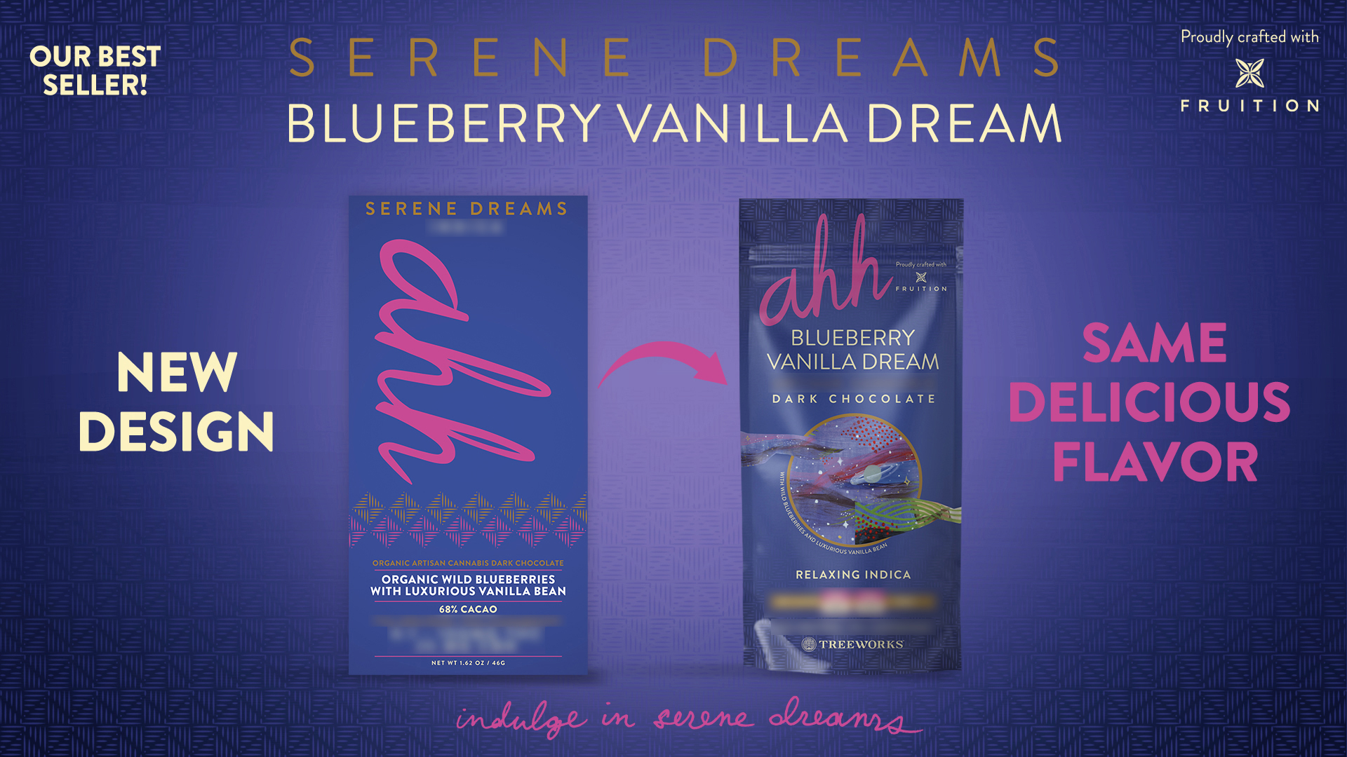 Visuel avant/après du relooking packaging produit pour une gamme de chocolats haut de gamme, mettant en valeur le nouveau design et l’illustration artistique.