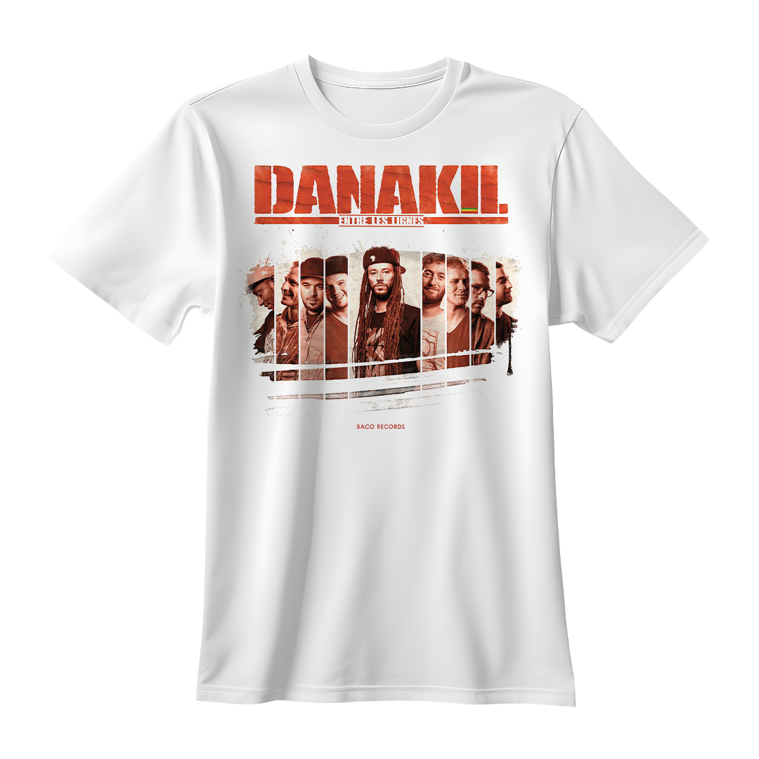 Visuel de T-Shirt réalisé par un graphiste musical : merchandising Danakil pour l'album Entre les Lignes