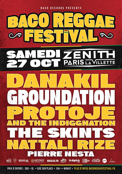Affiche visuel réalisé par un graphiste musical Baco Festival au Zenith de Paris La Villette Format 100x 70, 60x40, Déclinaison réseaux sociaux, billetterie