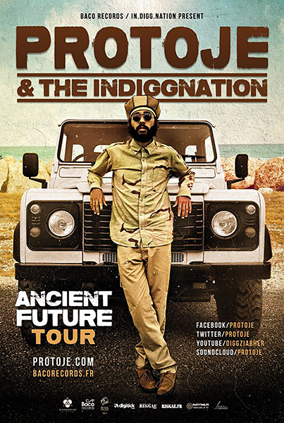 Affiche de tournée visuel réalisé par un graphiste musical Protoje (Ancient Futur Tour) Format 100x 70, 60x40, Déclinaison réseaux sociaux, billetterie, campagne digitale par date