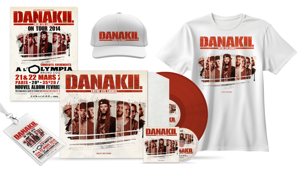 Direction artistique complète par un graphiste musical : pochette vinyle, affiche de concert, merchandising textile..