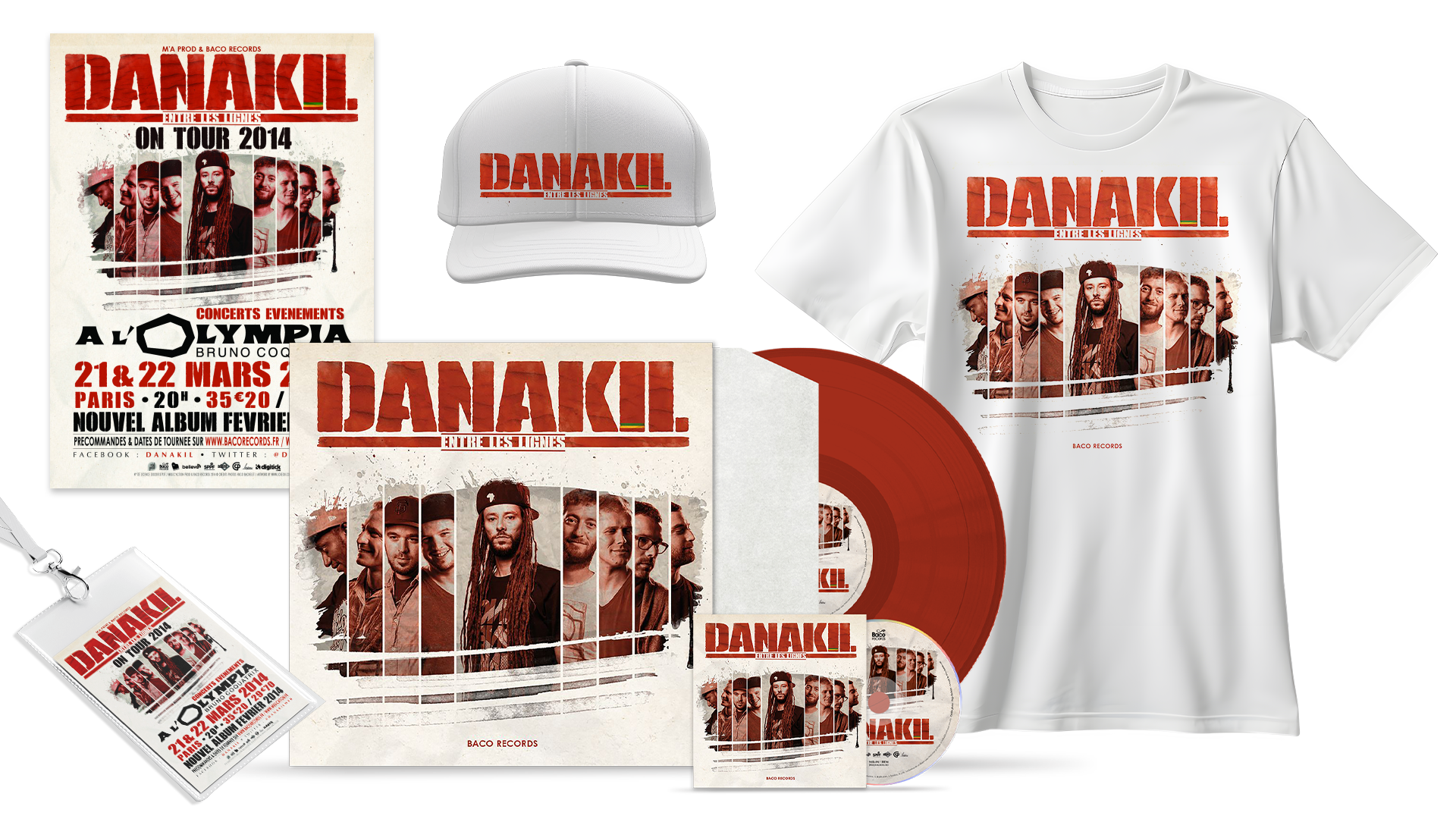 Direction artistique complète par un graphiste musical : pochette vinyle, affiche de concert, merchandising textile..