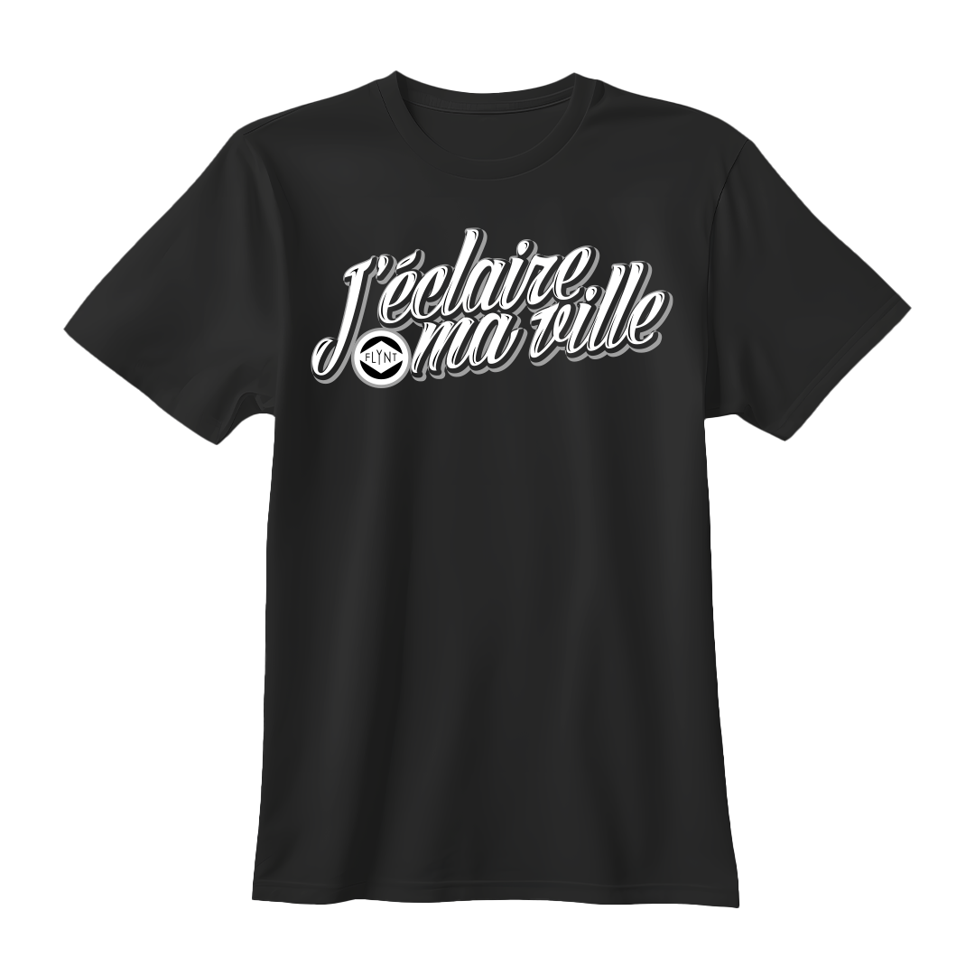 Visuel de T-Shirt réalisé par un graphiste musical : merchandising Flynt pour l'album J'éclaire ma ville