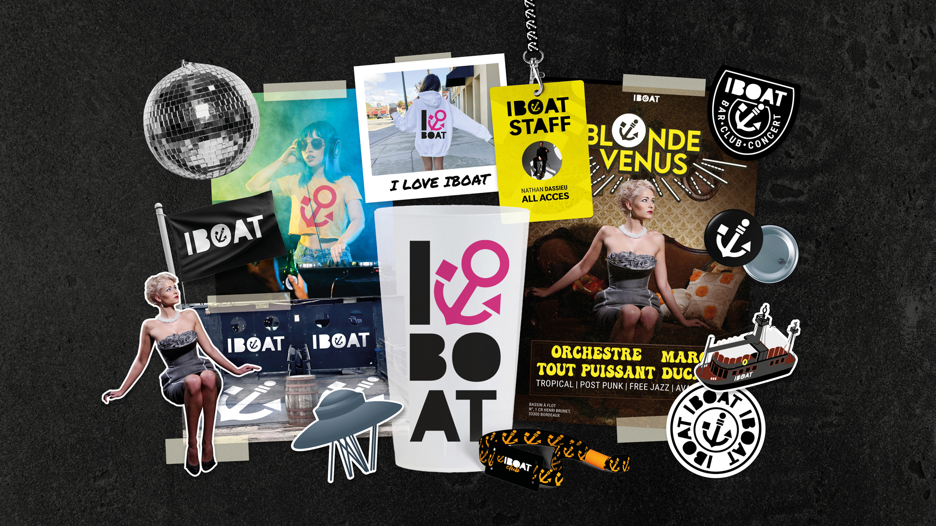 Moodboard identité visuelle IBOAT, exemple de recherche créative pour la création d’identité visuelle, couleurs et typographies.