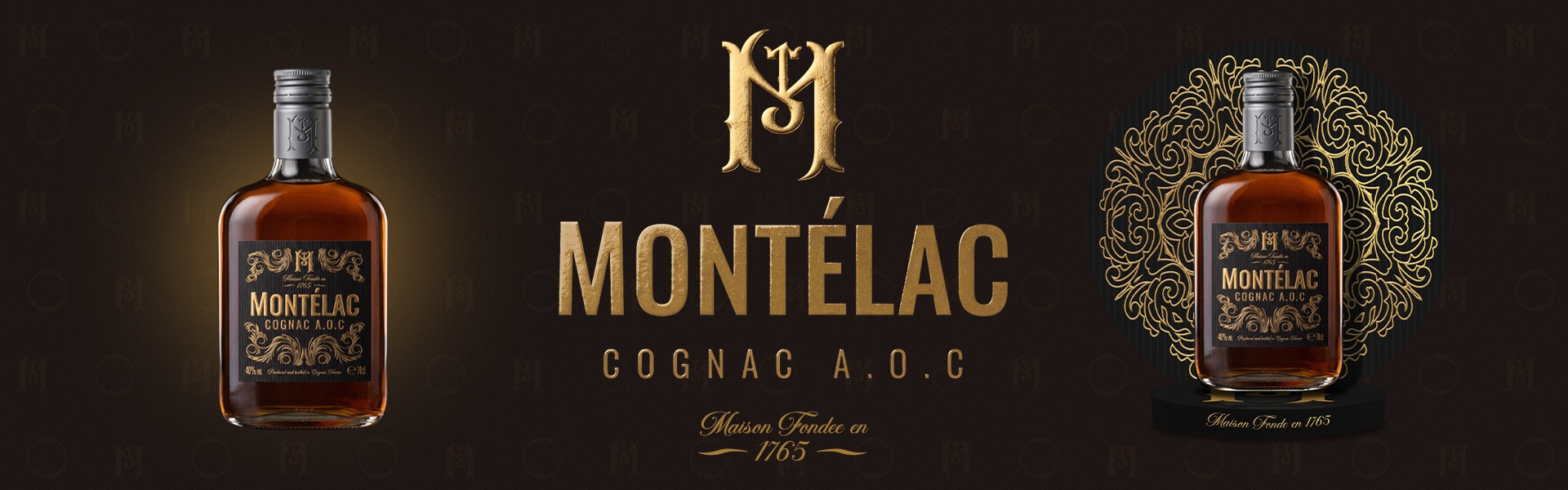 Packaging cognac Montélac avec bouteille premium, identité visuelle et design d'étiquette de cognac haut de gamme.