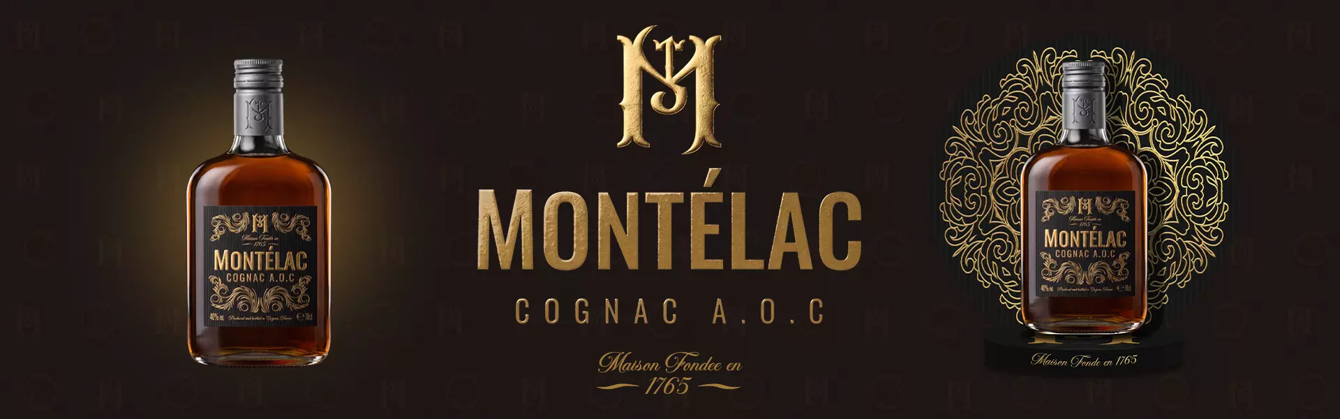 Packaging cognac Montélac avec bouteille premium, identité visuelle et design d'étiquette de cognac haut de gamme.