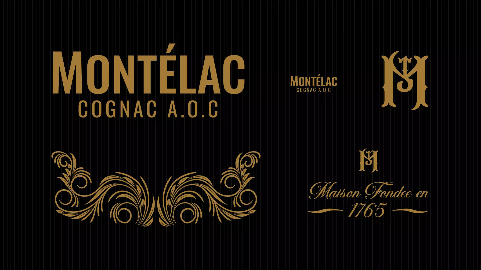 Logo Montélac et éléments graphiques utilisés pour le design d'un packaging cognac premium avec monogramme, typographie, ornements et identité visuelle noir et or.