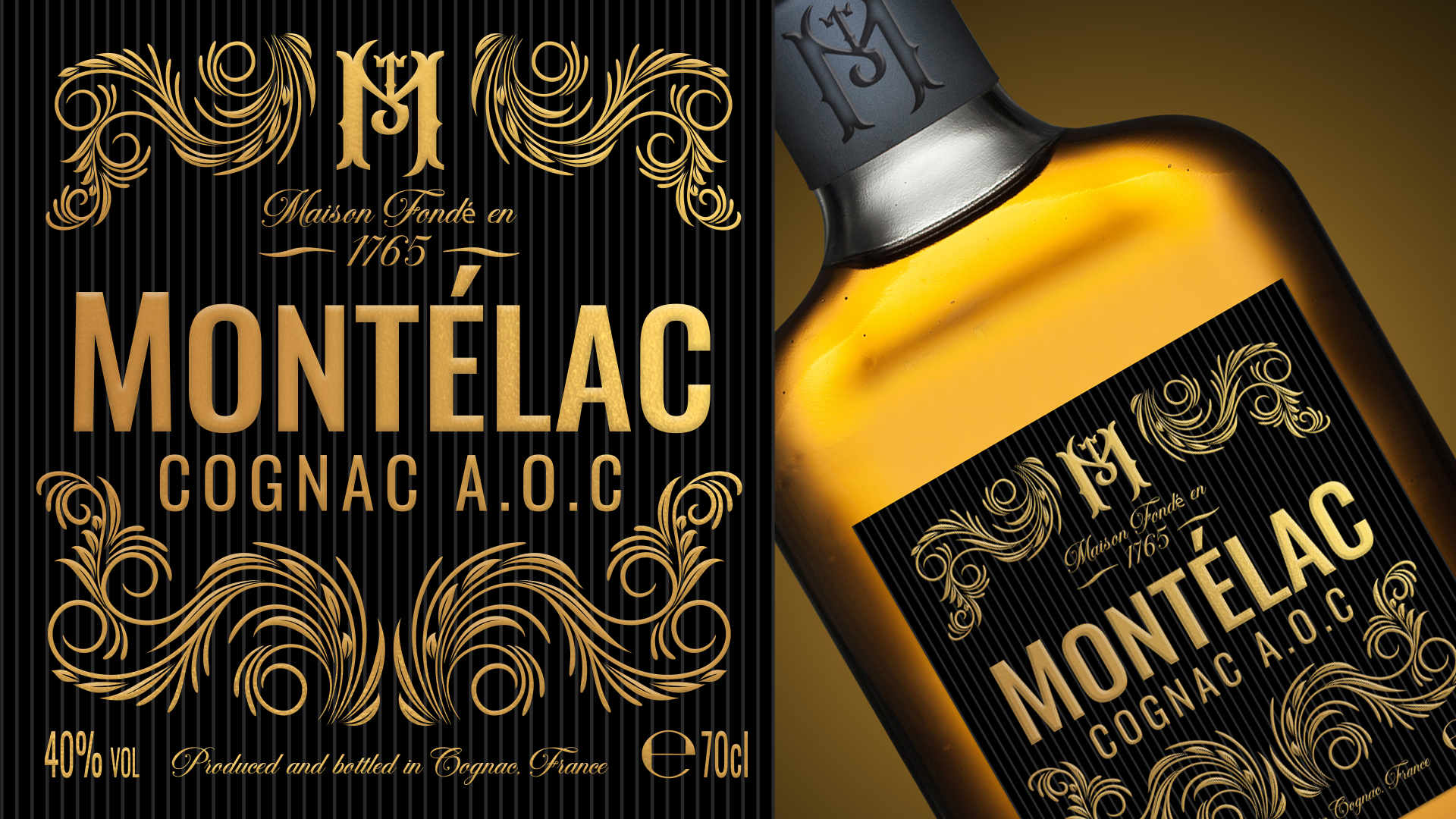 Détail du packaging spiritueux Cognac Montélac – étiquette dorée élégante et typographie serif sur fond noir