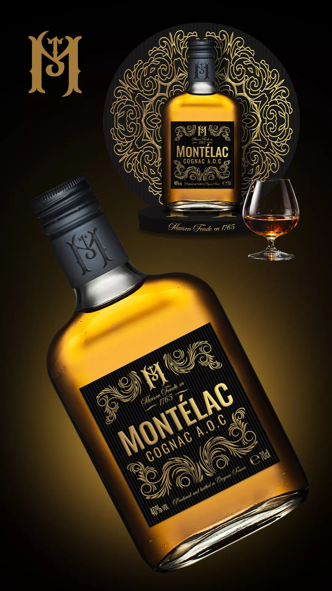 Packaging cognac Montélac présenté avec une bouteille premium, un présentoir PLV, un verre de dégustation et une identité visuelle noir et or inspirée des grandes maisons de cognac.