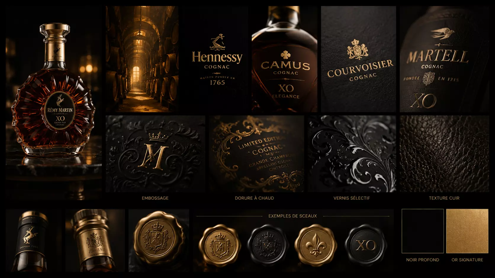 Moodboard d'inspiration pour un packaging cognac premium présentant des références de bouteilles, des textures cuir, des dorures, des embossages, des vernis sélectifs et des sceaux de cire.
