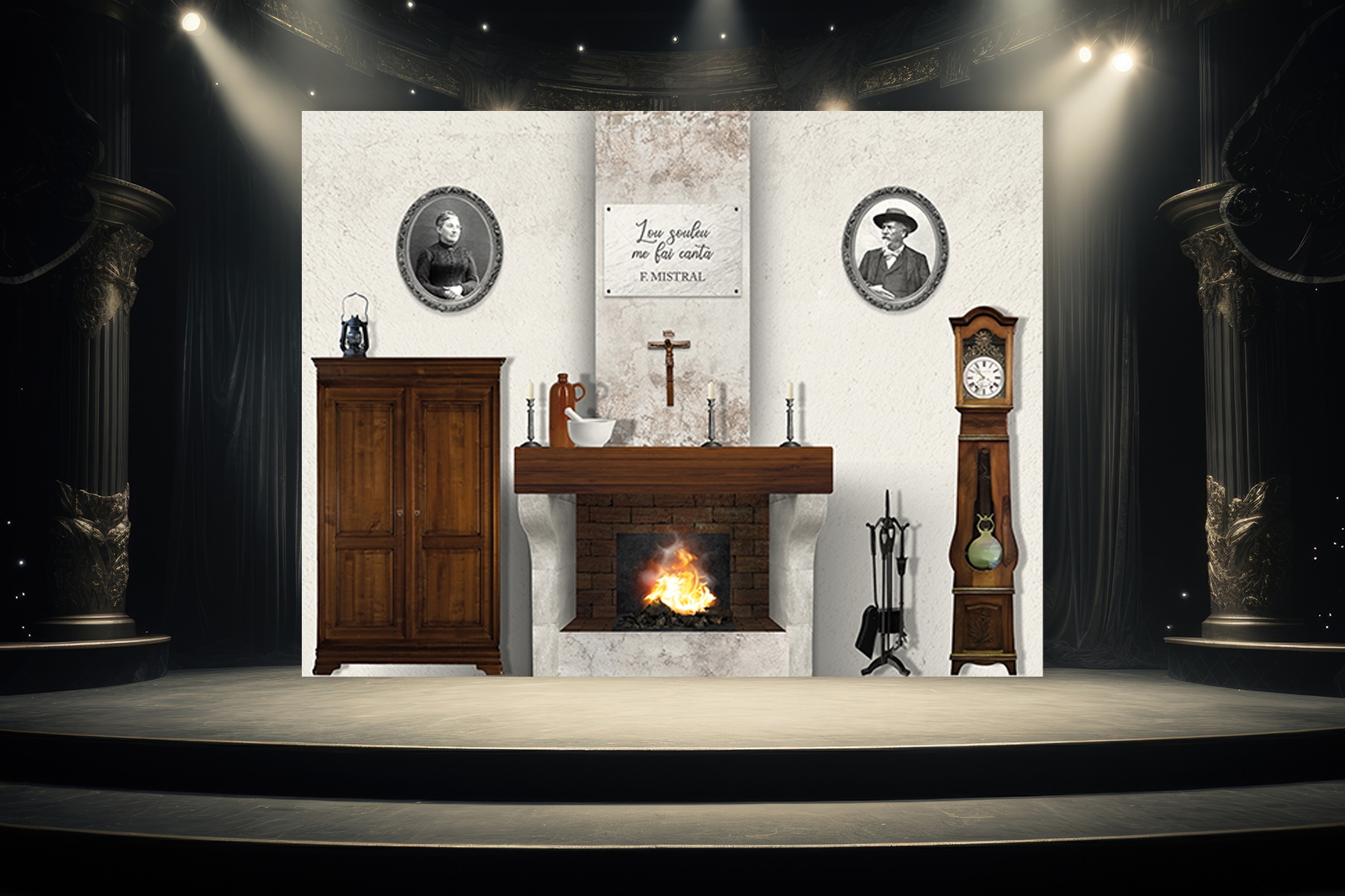 fond de scène théâtre Rocher Mistral – scénographie patrimoniale – Loseou
