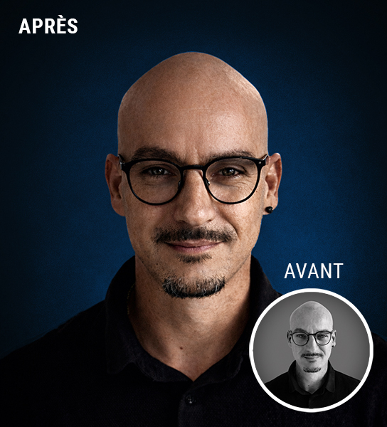 Avant / après : portrait noir et blanc colorisé, amélioré en HD/4K avec un rendu cinématographique premium