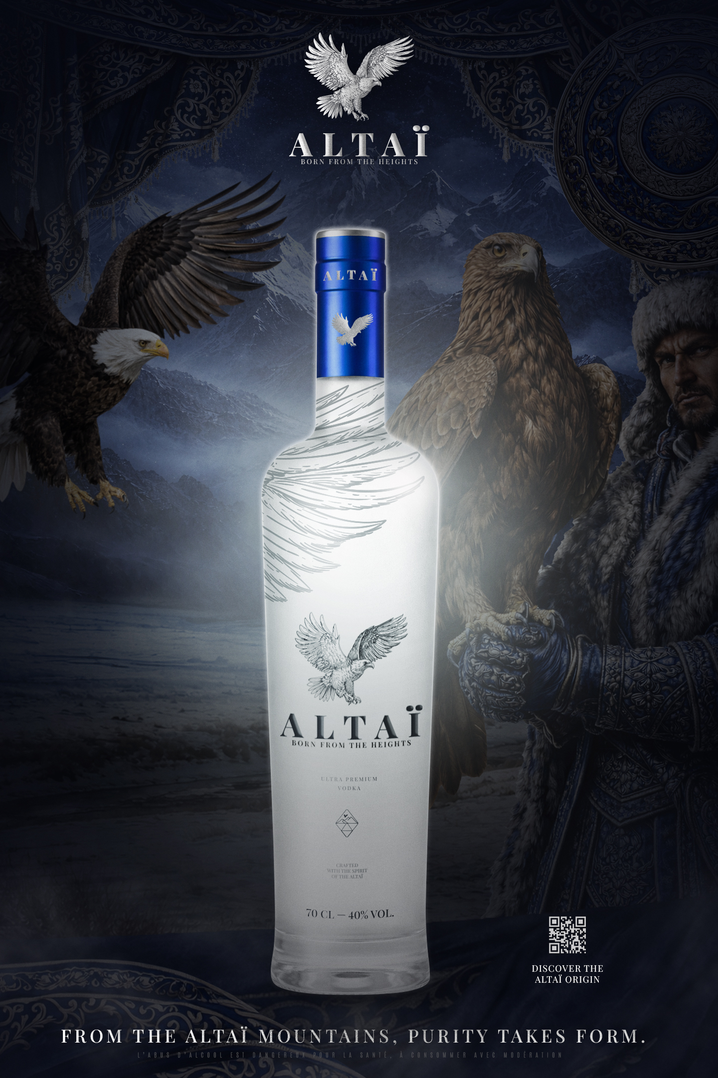Affiche packshot verticale de vodka premium avec univers de marque et packaging de luxe Altaï