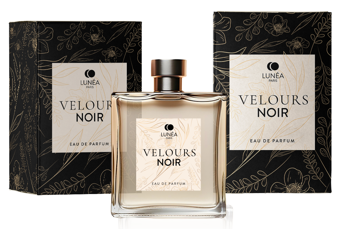 Packaging parfum luxe Velours Noir avec flacon en verre et coffrets haut de gamme noir et doré