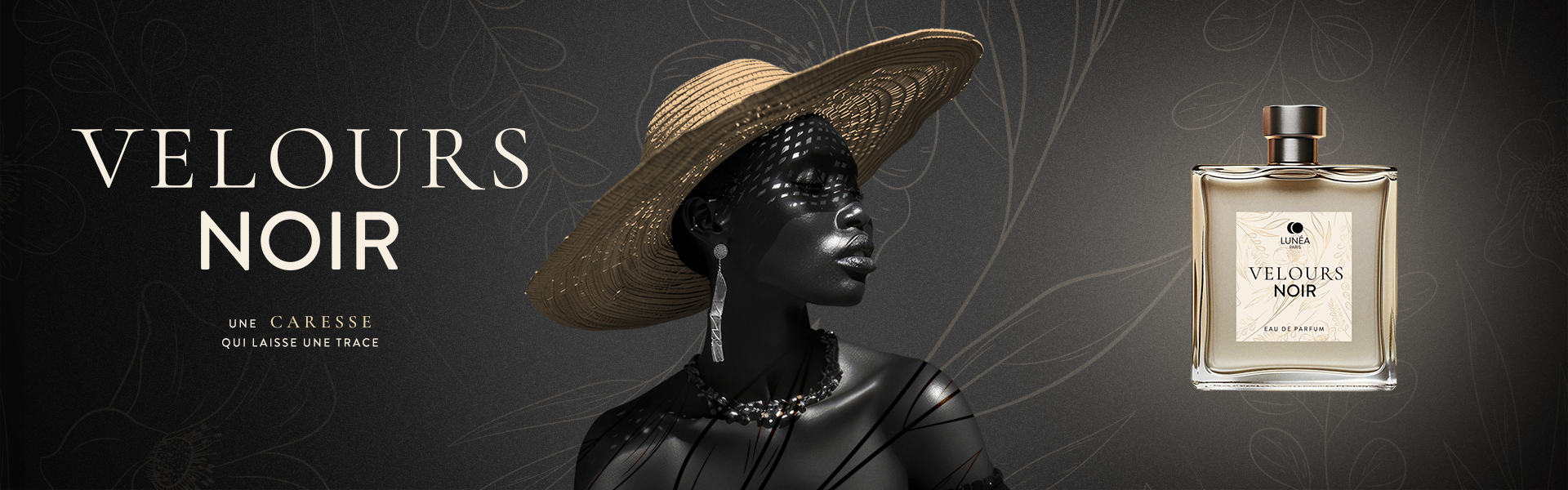 Packaging parfum luxe Velours Noir avec direction artistique premium et flacon de parfum haut de gamme