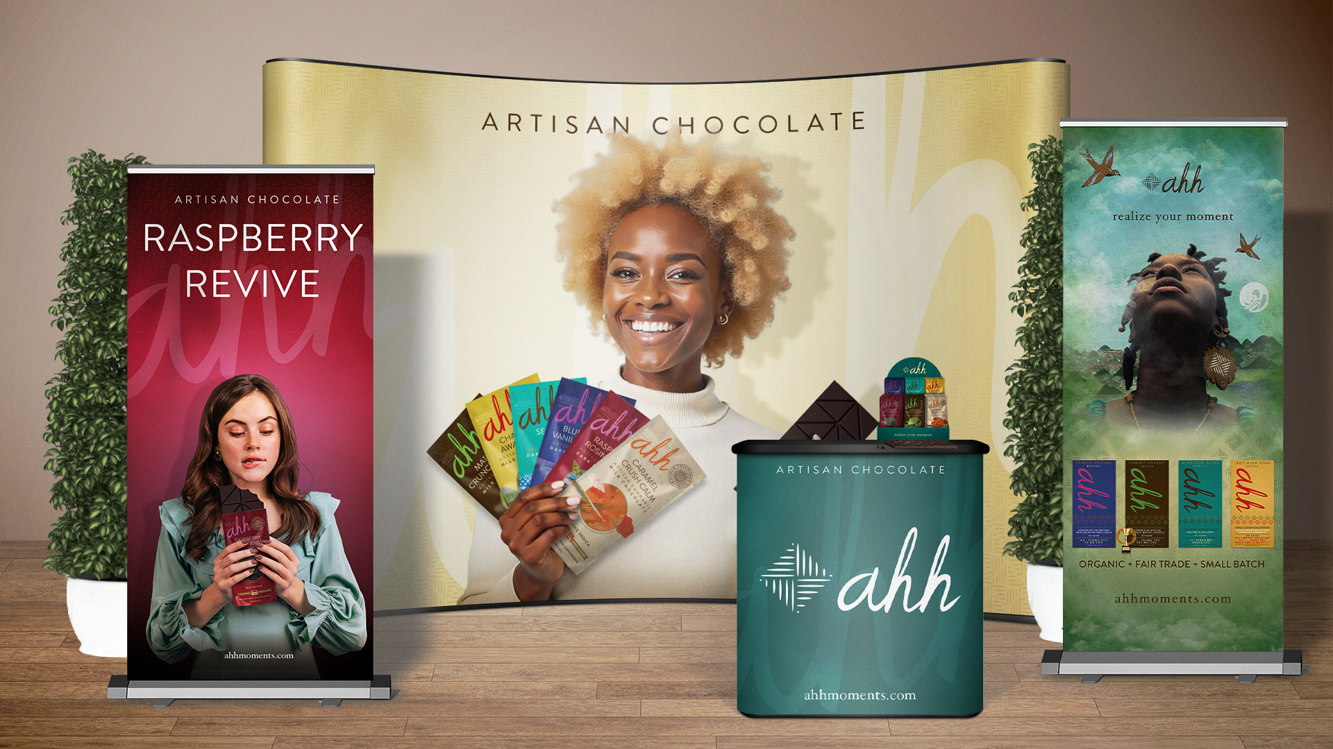 PLV de comptoir pour chocolat intégrée sur un stand de salon professionnel