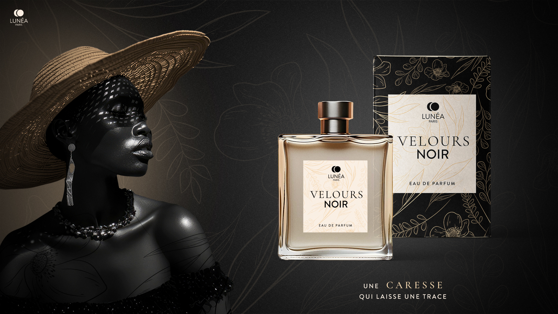 Coffret de packaging parfum luxe avec motif floral doré et design premium Velours Noir