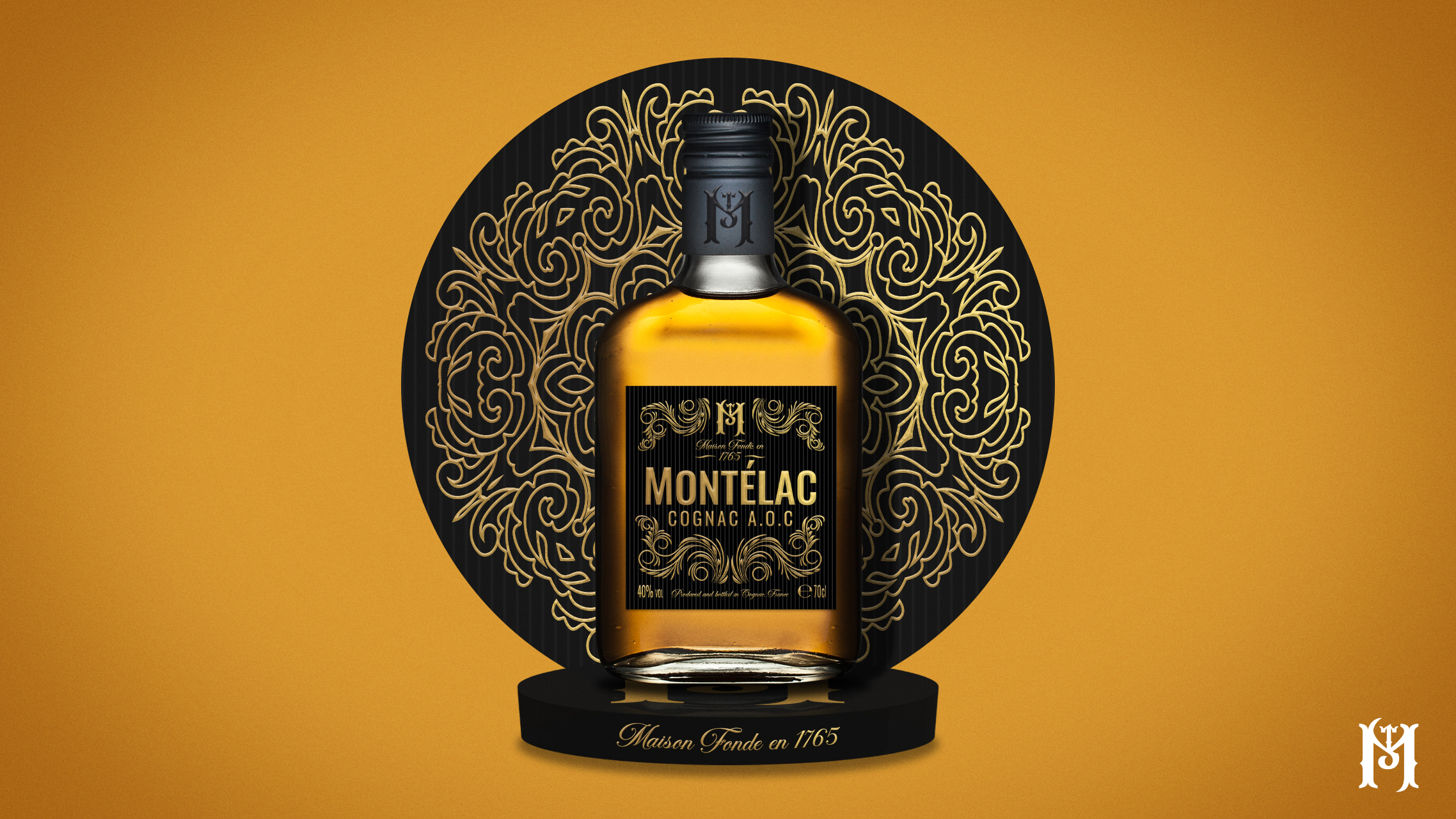 présentoir de comptoir luxe noir et or pour bouteille de cognac design premium Montélac