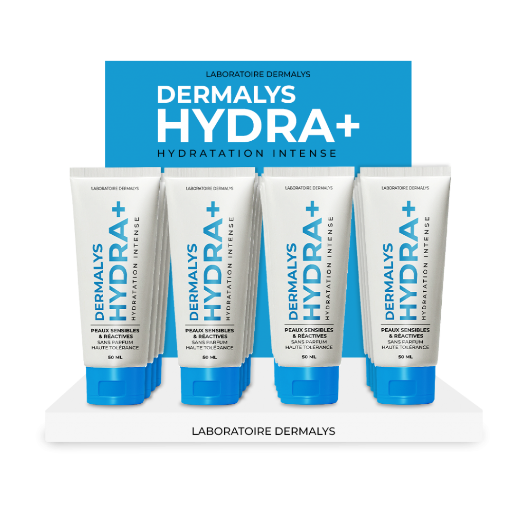 PLV de comptoir en pharmacie pour produit dermocosmétique Dermalys Hydra+