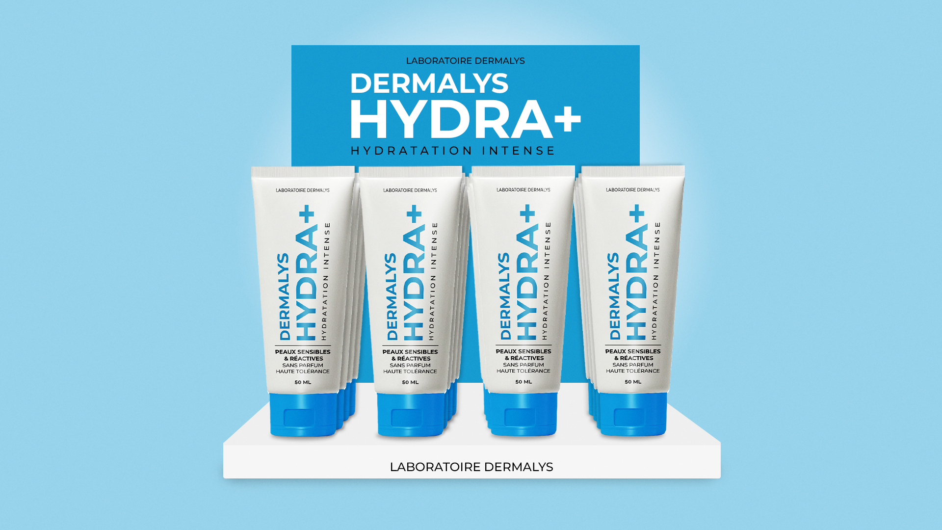 Exemple de PLV de comptoir pour pharmacie. PLV de crème hydratante Dermalys Hydra+