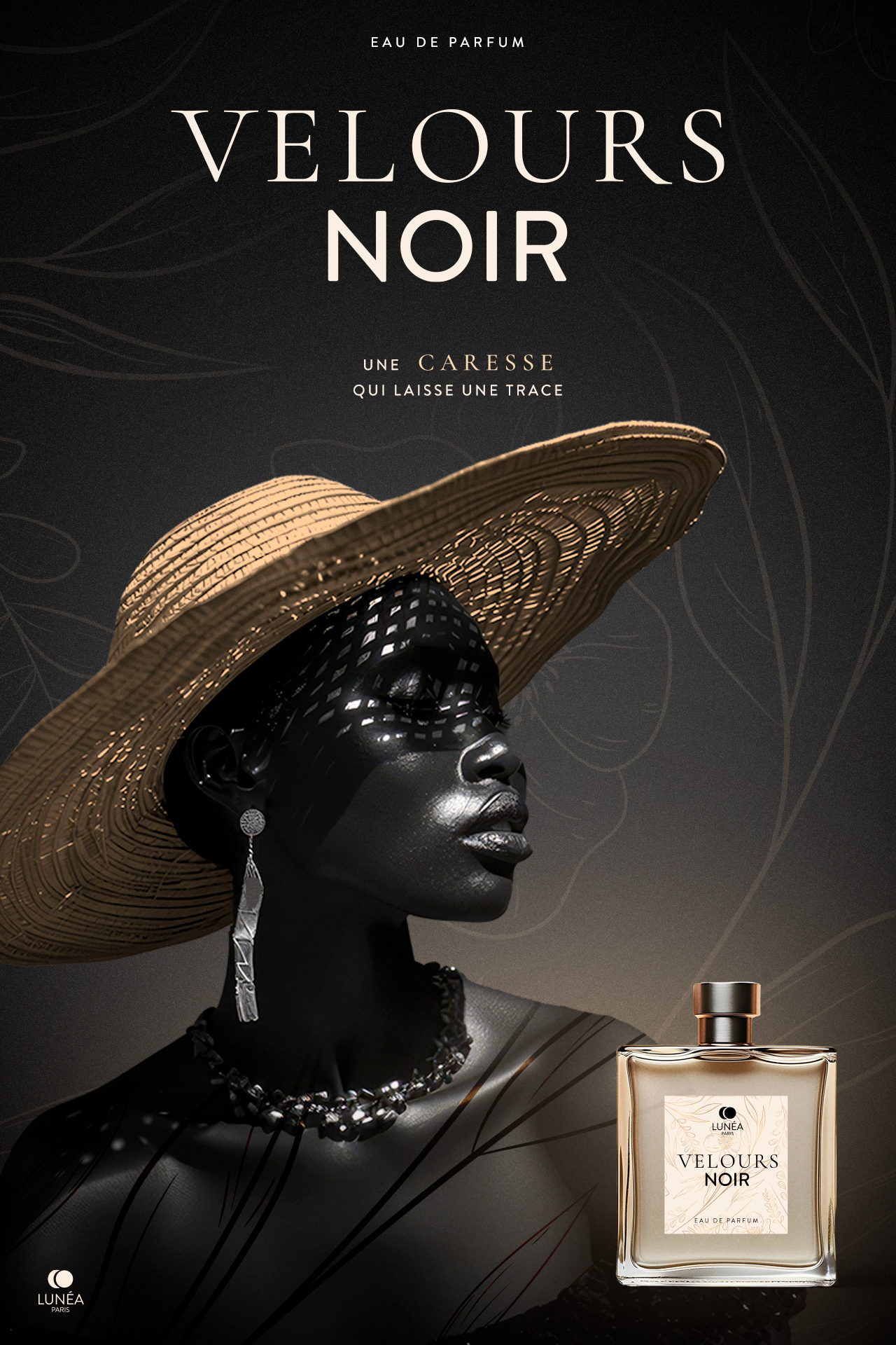 Affiche publicitaire de parfum de luxe Velours Noir avec univers visuel premium et typographie élégante
