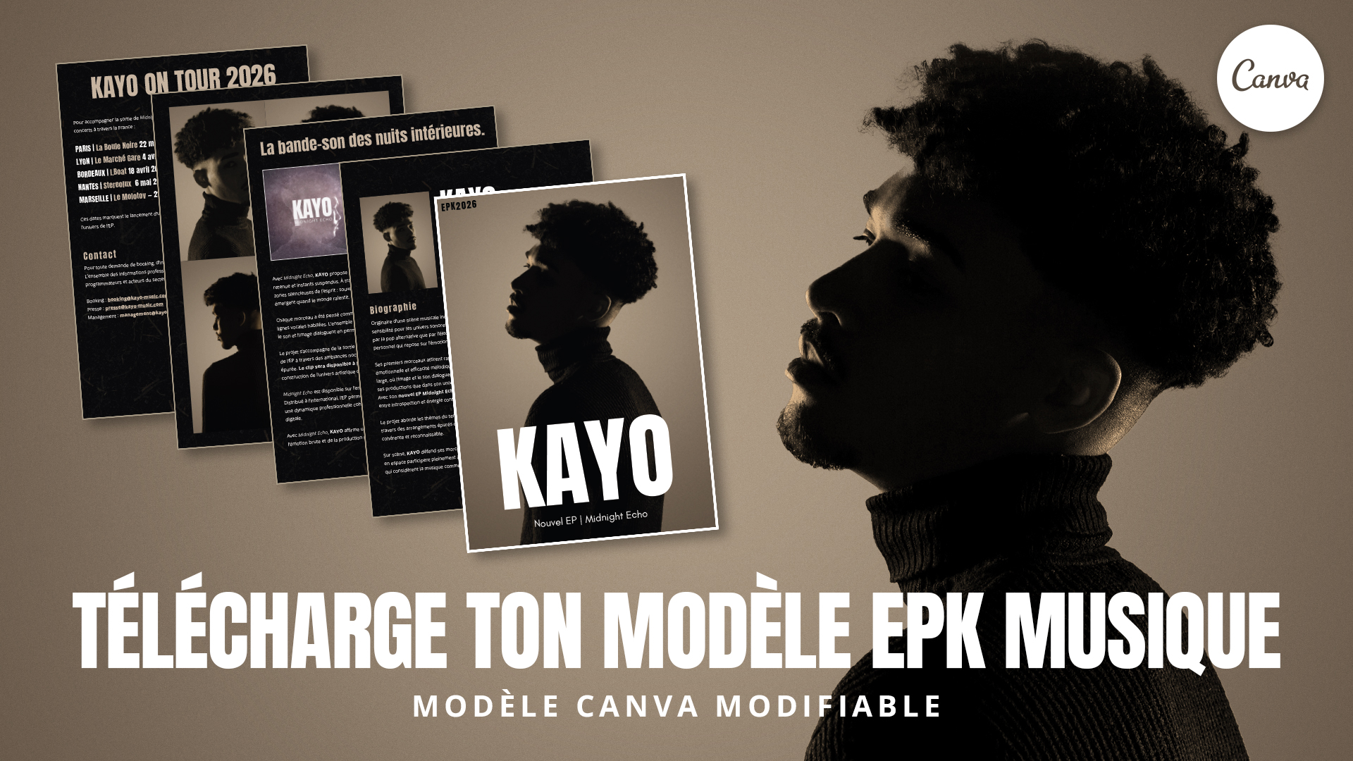 Mockup d’un modèle EPK musique modifiable sur Canva, template de dossier de presse pour artiste avec pages biographie, projet musical et contacts