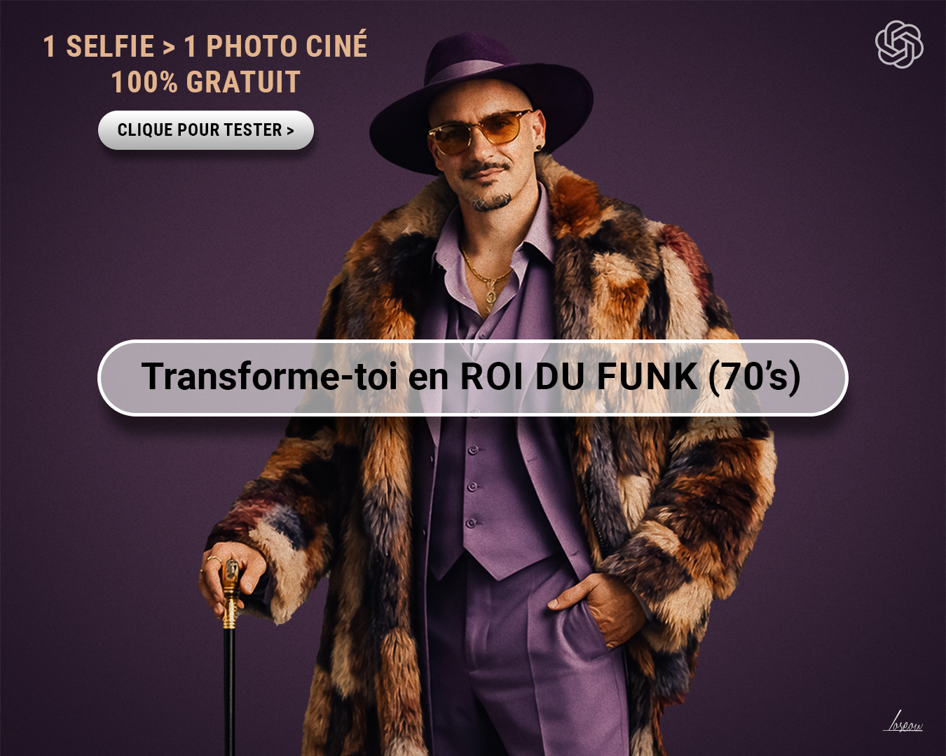 Personnage style film années 70 généré par IA à partir d’un selfie, look roi du funk avec manteau en fourrure et ambiance studio cinématographique
