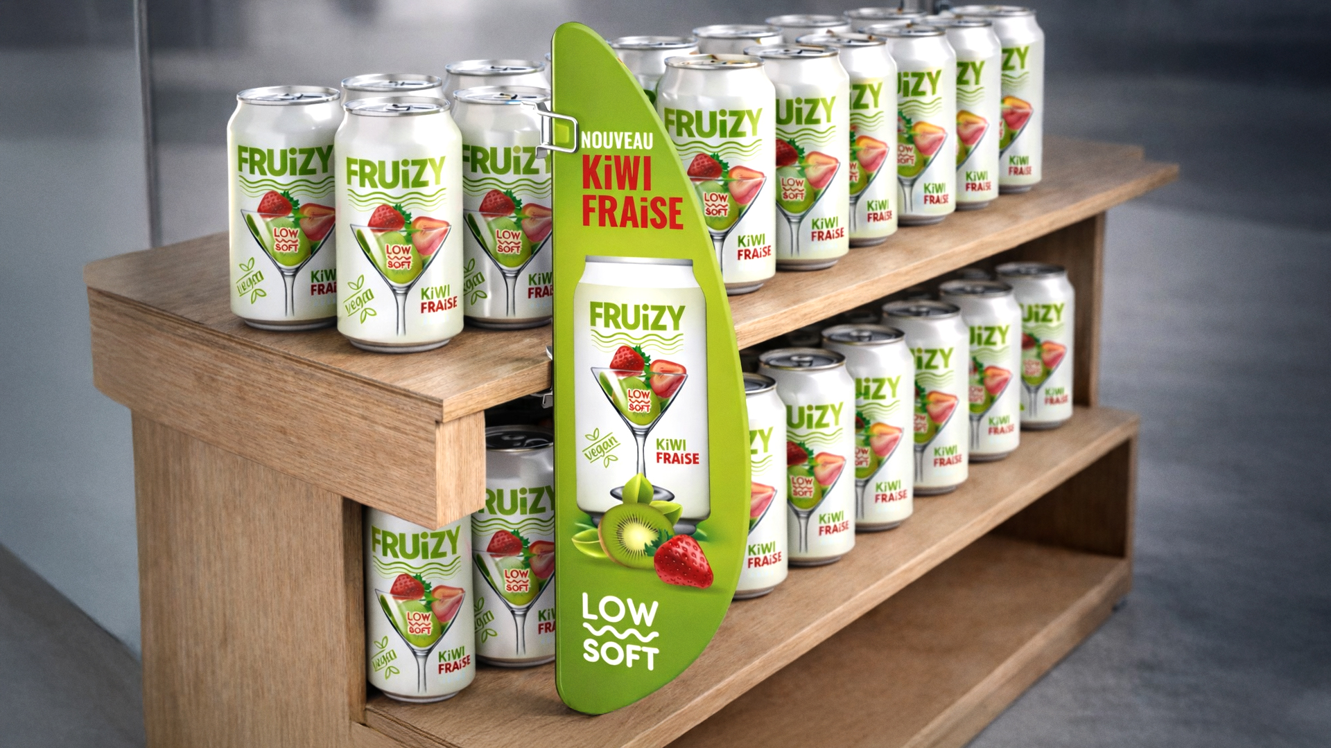 PLV stop-rayon vertical avec visuel de canette Fruizy kiwi fraise et mention nouveauté en magasin