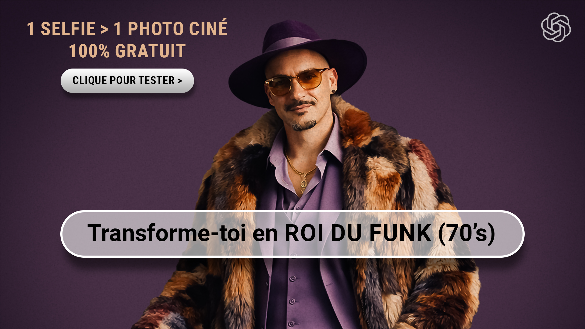 Personnage style film années 70 généré par IA à partir d’un selfie, look roi du funk avec manteau en fourrure et ambiance studio cinématographique