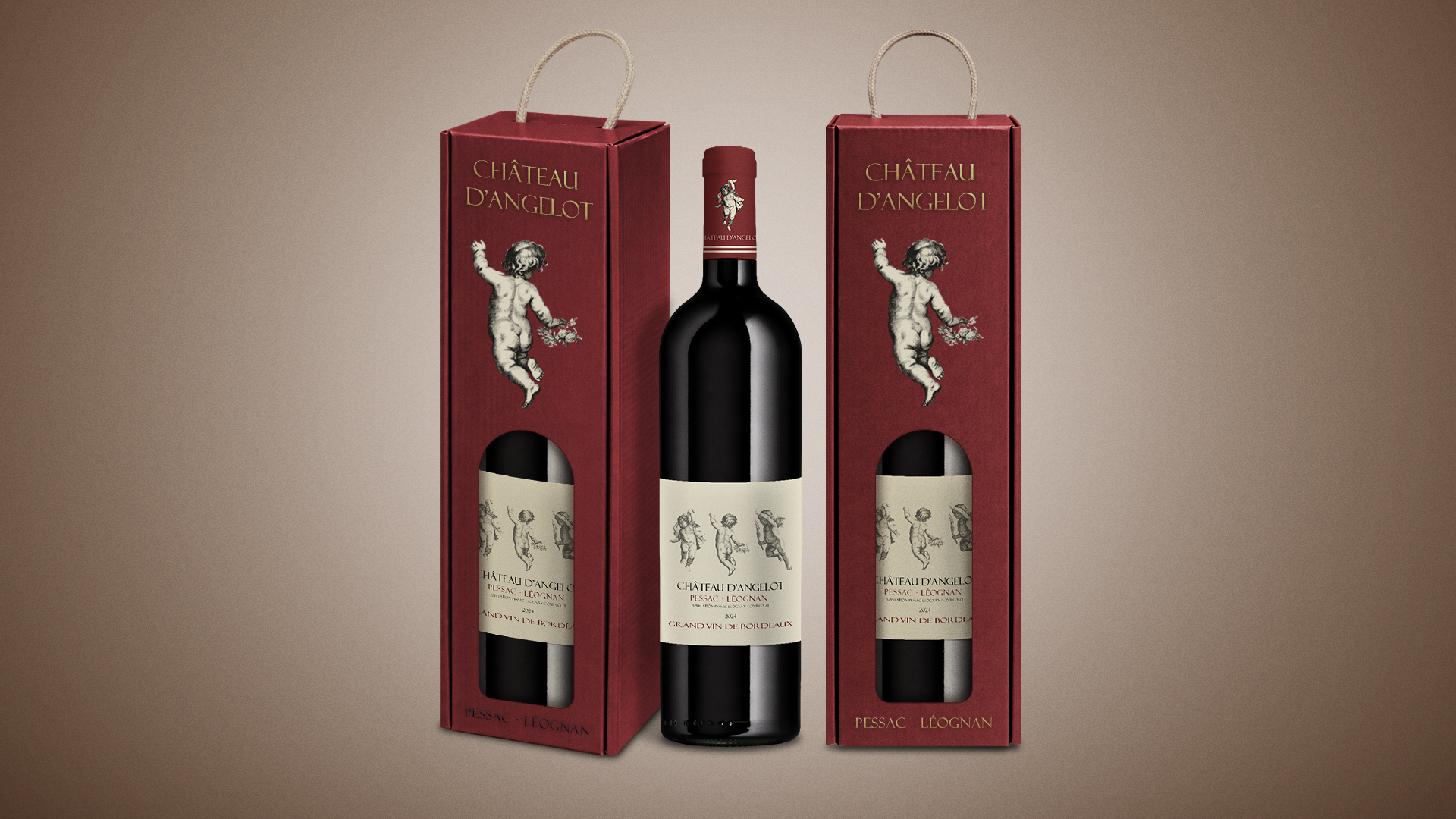 Emballage bouteille de vin sur mesure avec coffret carton premium et packaging vin Château d’Angelot Pessac-Léognan