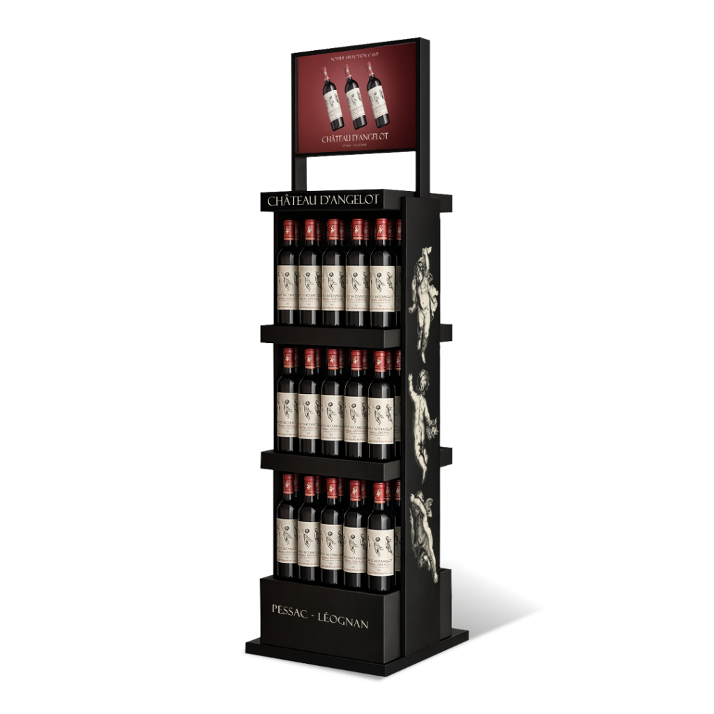 Présentoir totem pour packaging vin et mise en avant de bouteilles de vin en point de vente