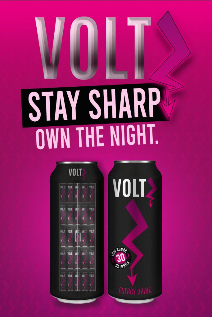 Affiche verticale de promotion pour la marque d’energy drink VoltZ.