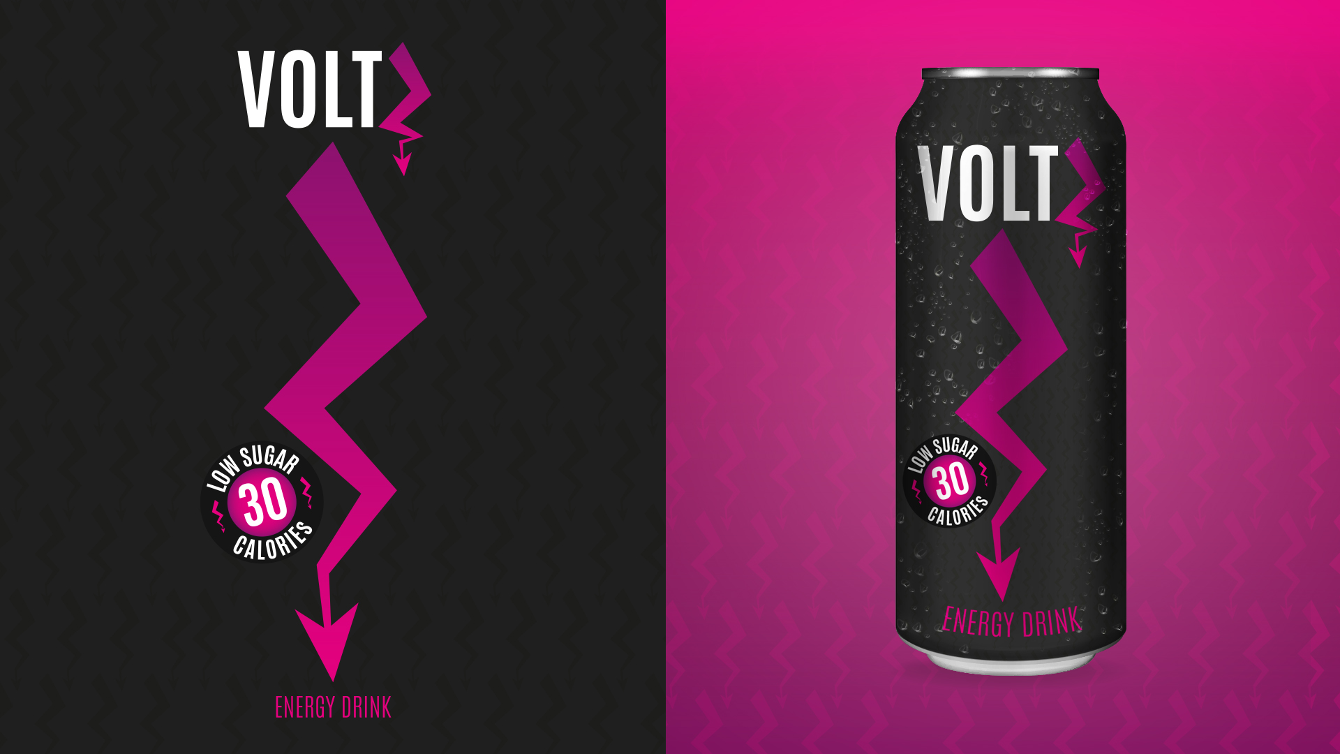 Design de packaging energy drink VoltZ avec une canette noire et un éclair rose formant l’identité visuelle de la marque
