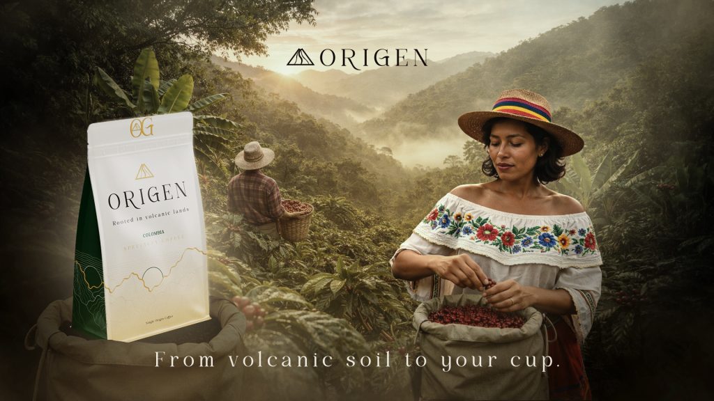Univers visuel du packaging café Colombie ORIGEN avec plantation et ambiance naturelle