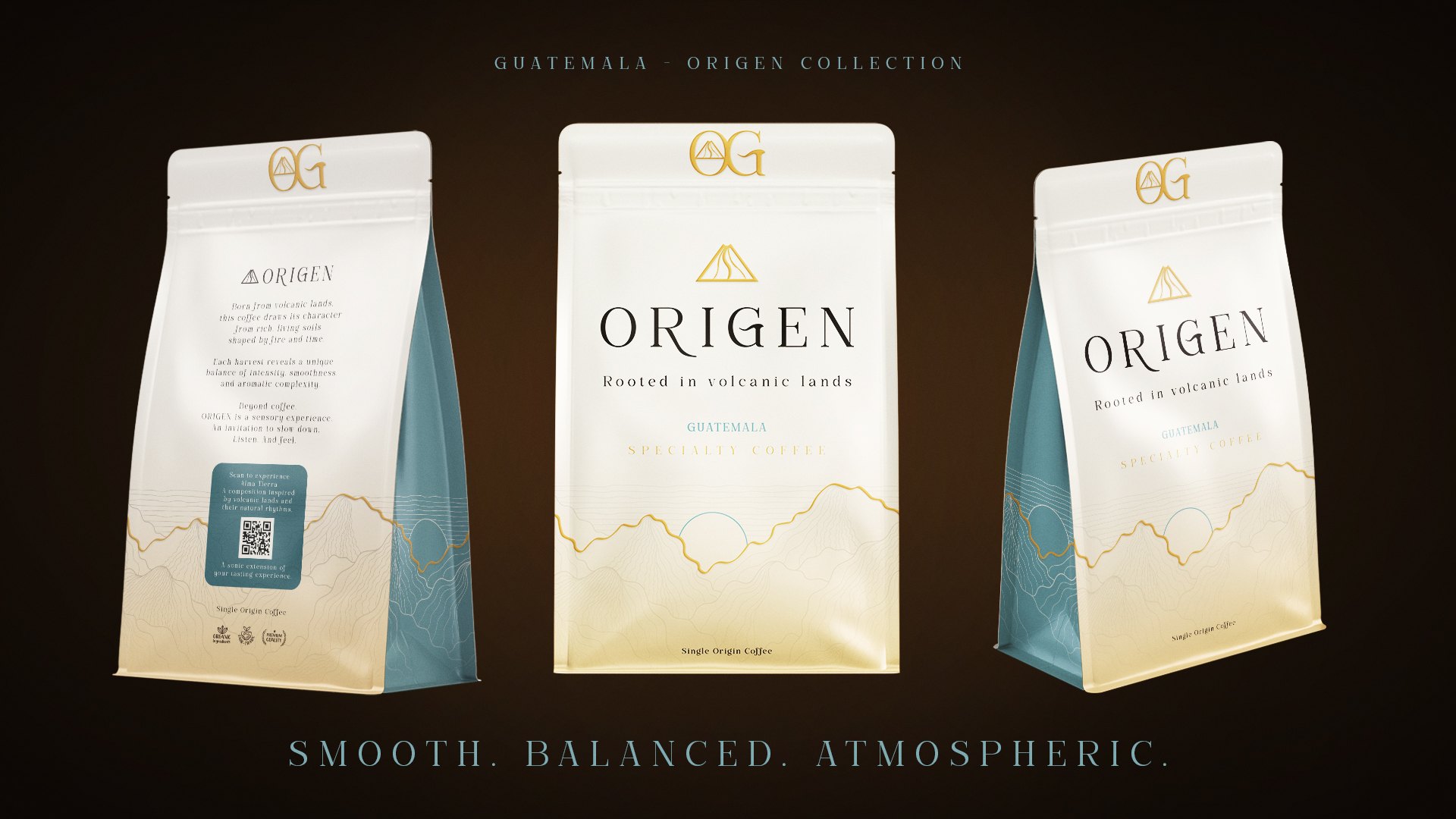 Packaging café Guatemala ORIGEN avec sachet et étui dans un univers inspiré des terres volcaniques