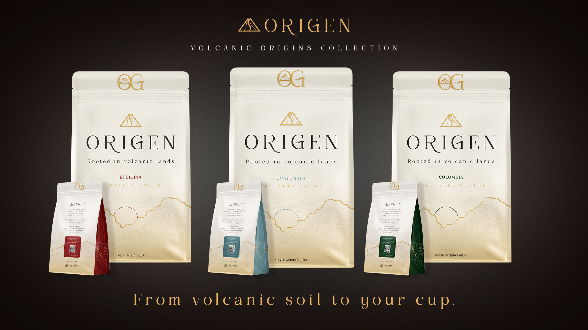 Packaging café ORIGEN décliné en trois origines avec une direction artistique cohérente