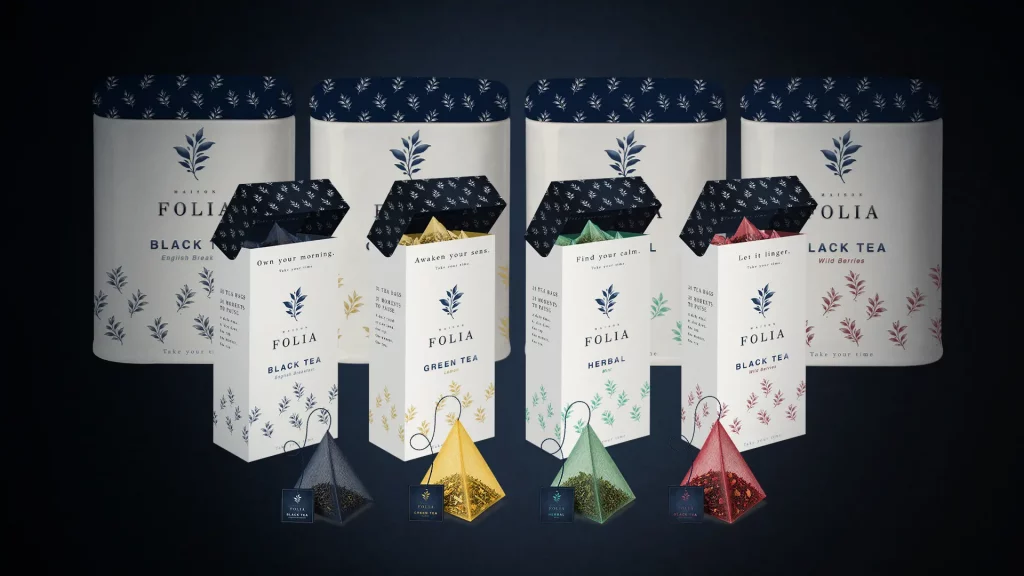 Luxury tea packaging collection created for Maison Folia, featuring premium tea boxes, pyramid tea bags and contemporary branding design.