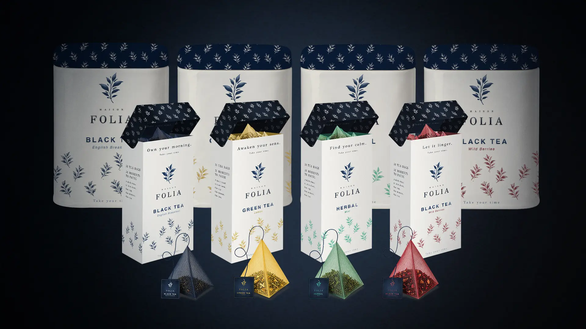 Luxury tea packaging collection created for Maison Folia, featuring premium tea boxes, pyramid tea bags and contemporary branding design.