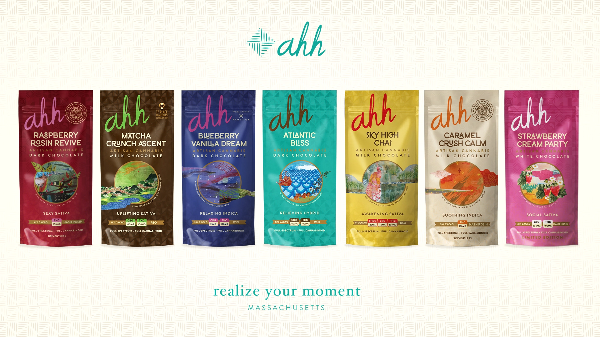 Premium chocolate packaging collection designed for Ahh Moments, featuring colorful branding and artisanal product packaging developed for the US market.