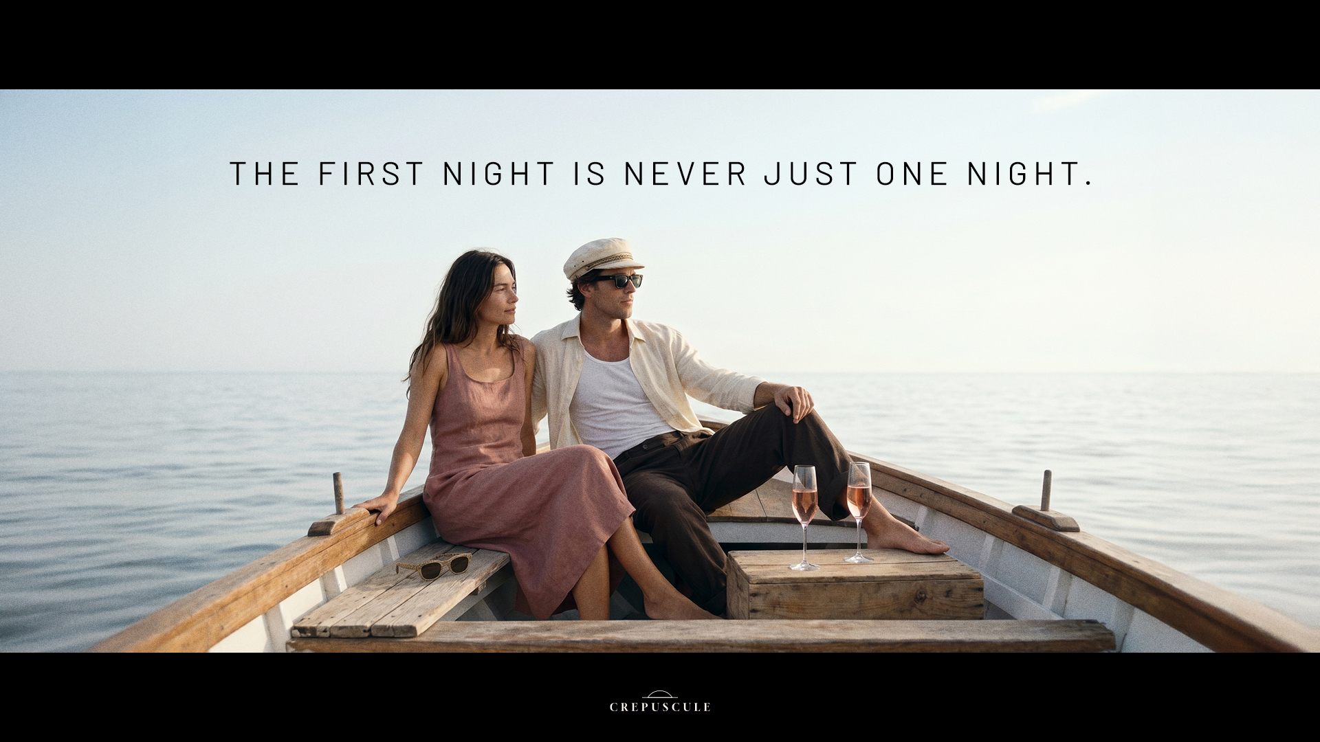 Campagne publicitaire 16:9 pour le champagne Crépuscule mettant en scène un couple sur un bateau dans une ambiance méditerranéenne et cinématographique.