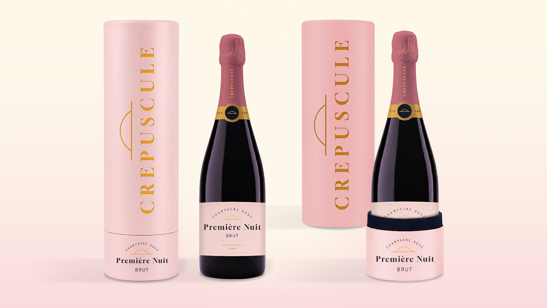 Packaging de coffret champagne luxe rose poudré avec bouteille Première Nuit et coffret cylindrique premium personnalisé