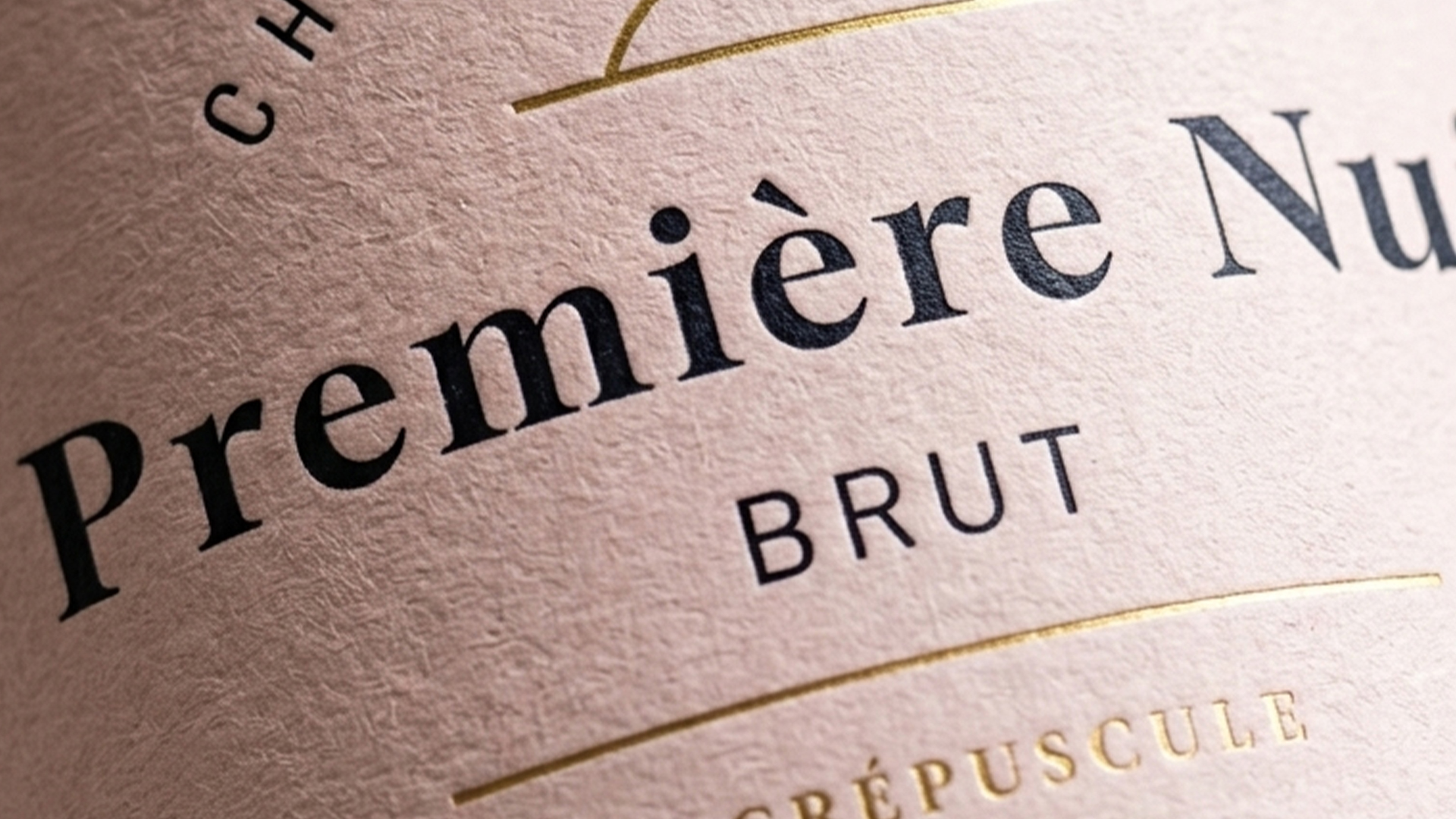 Gros plan sur l’étiquette champagne premium Crépuscule avec texture papier et détails typographiques élégants sur bouteille rosé de luxe