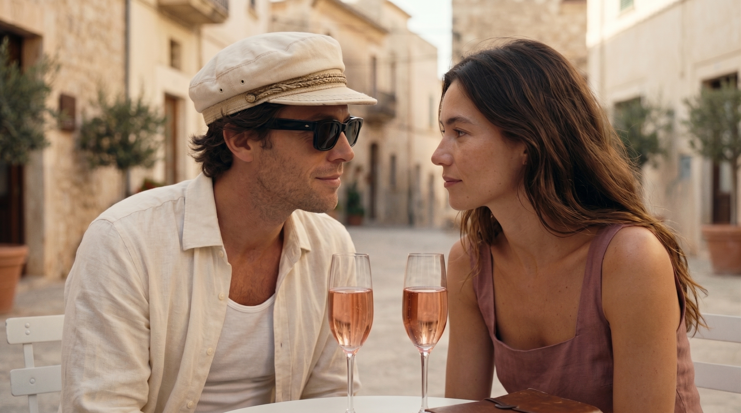 Couple partageant un moment intime autour de deux coupes de champagne rosé dans une campagne de publicité champagne premium inspirée du cinéma romantique méditerranéen.