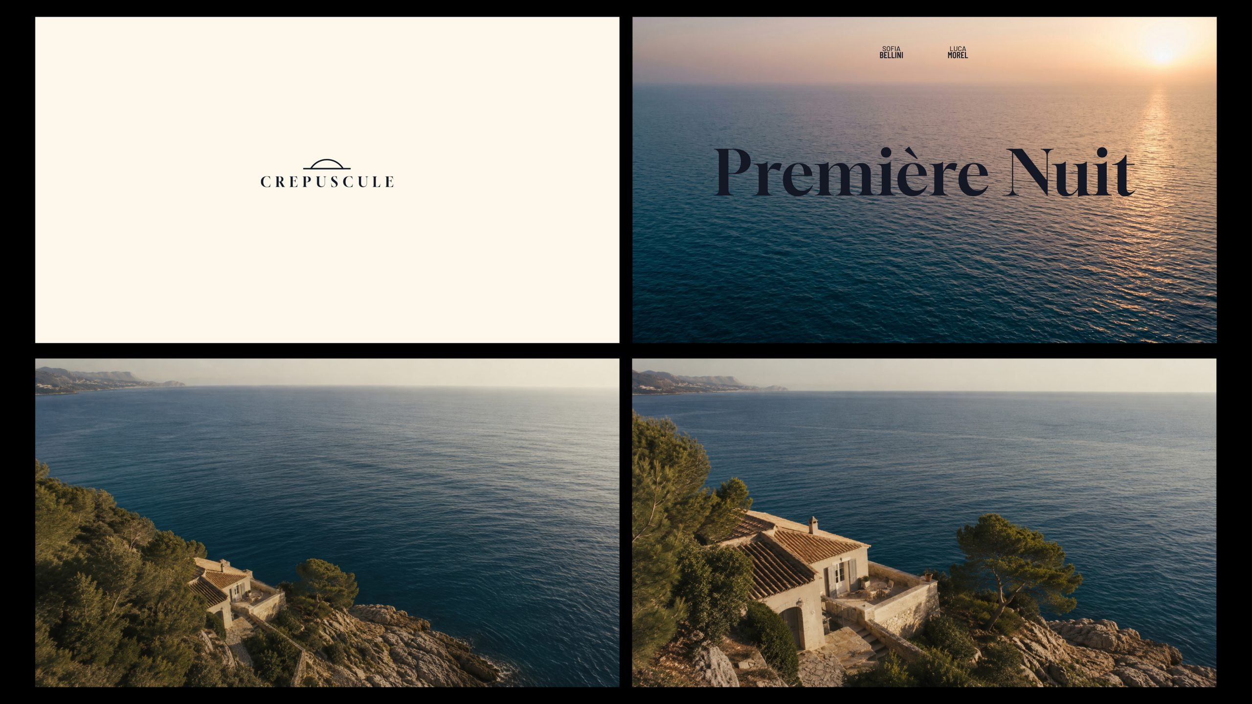 Storyboard d’une publicité champagne premium avec ouverture cinématographique sur la mer Méditerranée, villa en bord de côte et direction artistique inspirée du cinéma luxe.