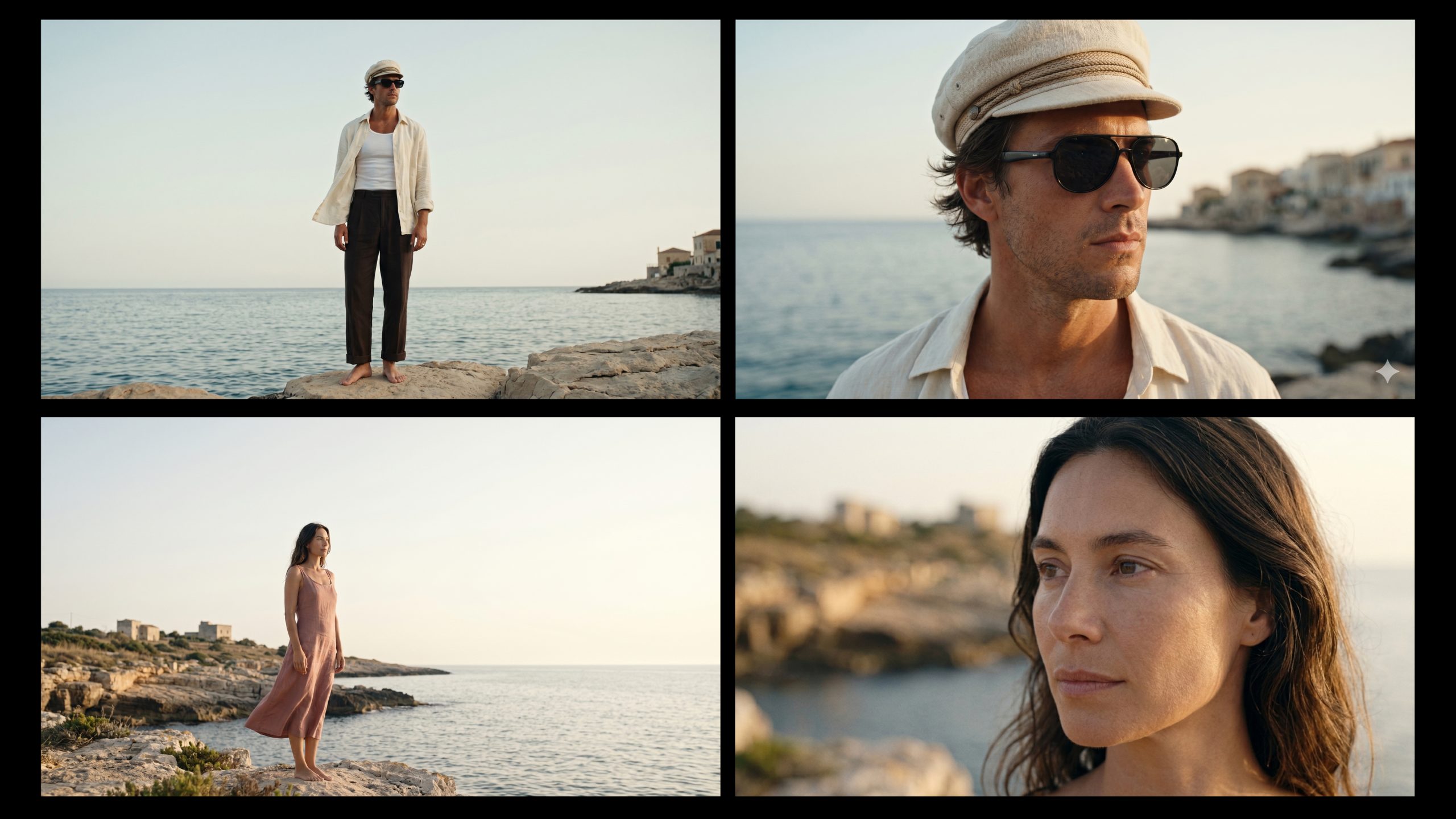 Storyboard d’une publicité champagne premium avec ouverture cinématographique sur la mer Méditerranée, villa en bord de côte et direction artistique inspirée du cinéma luxe.